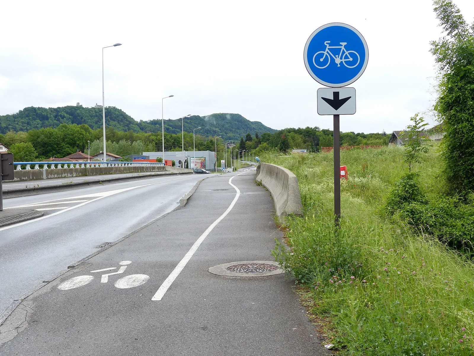 Piste cyclable signalée par un panneau rond bleu et un pictogramme vélo au sol