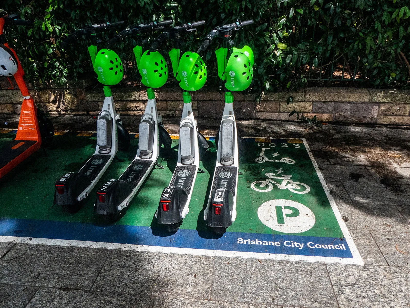 Trottinettes électriques en libre-service alignées sur une place de stationnement dédiée en ville