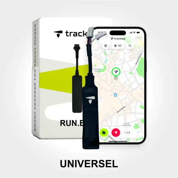 Traceur GPS vélo/trottinette · Trackap RUN.E+ avec branchement universel
